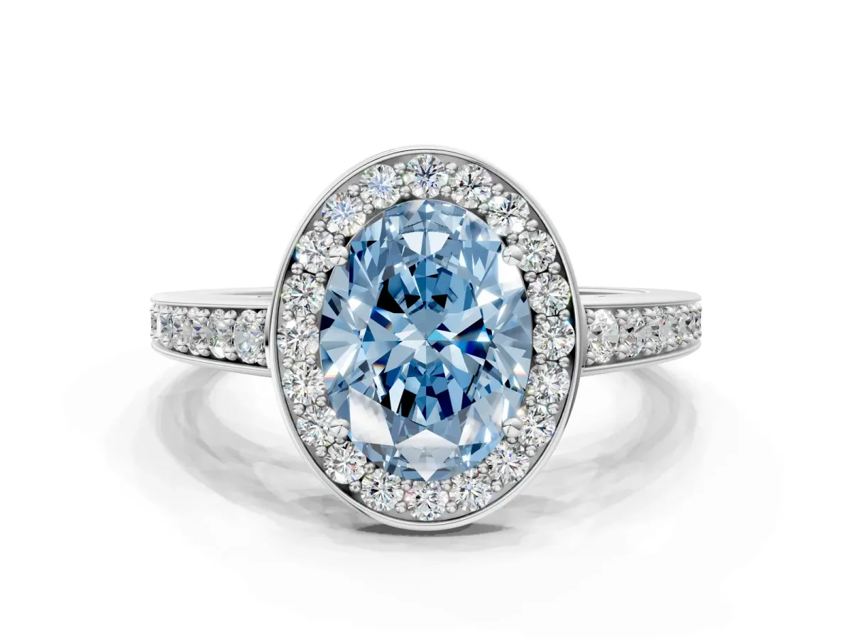 Fancy Blue Oval Cut Halo Pavé Diamond Engagement Ring with Bezel Setting Silver