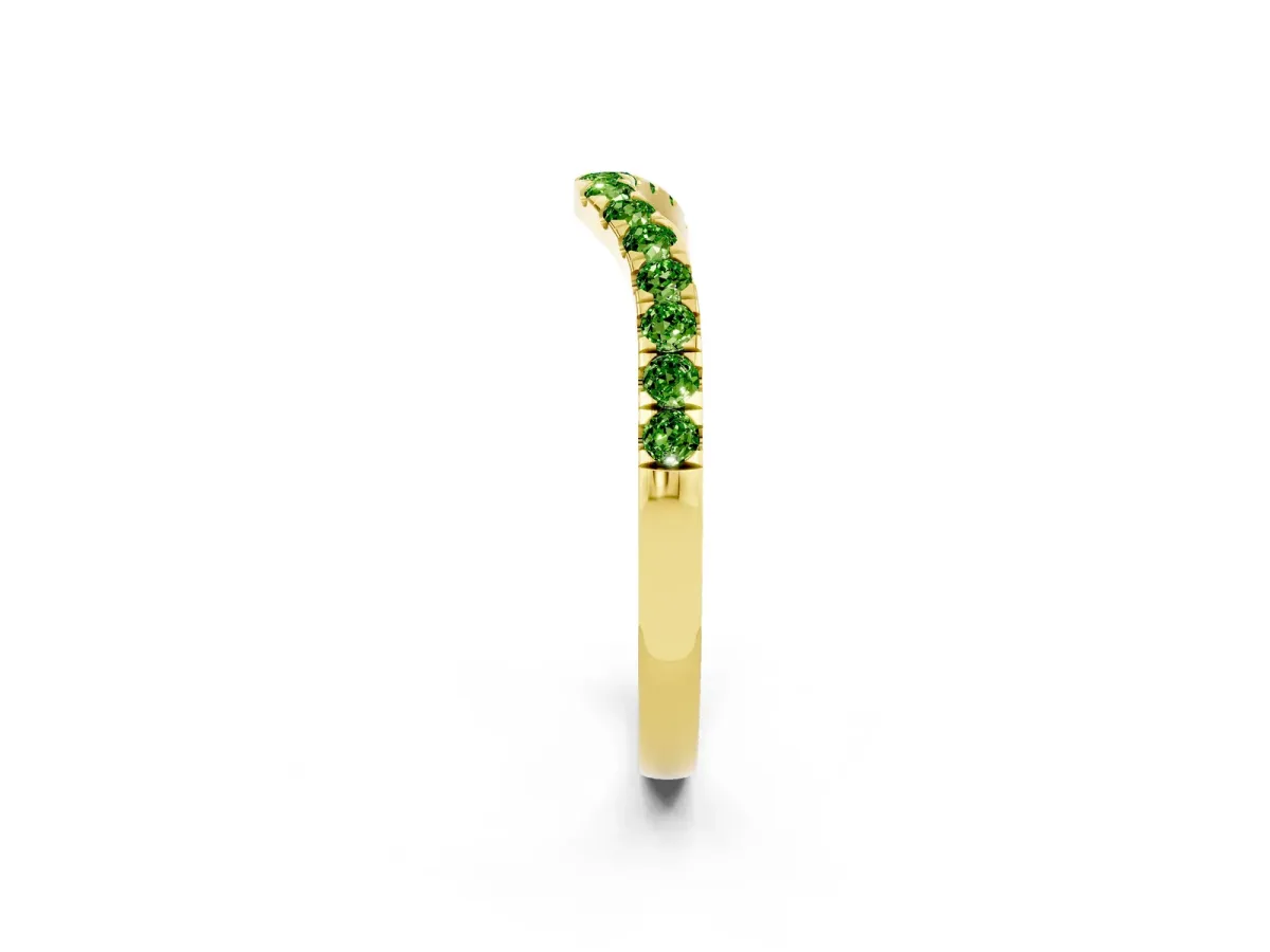 Curved Pavé Round Peridot Wedding Band with Shared Prong Setting Yellow gold