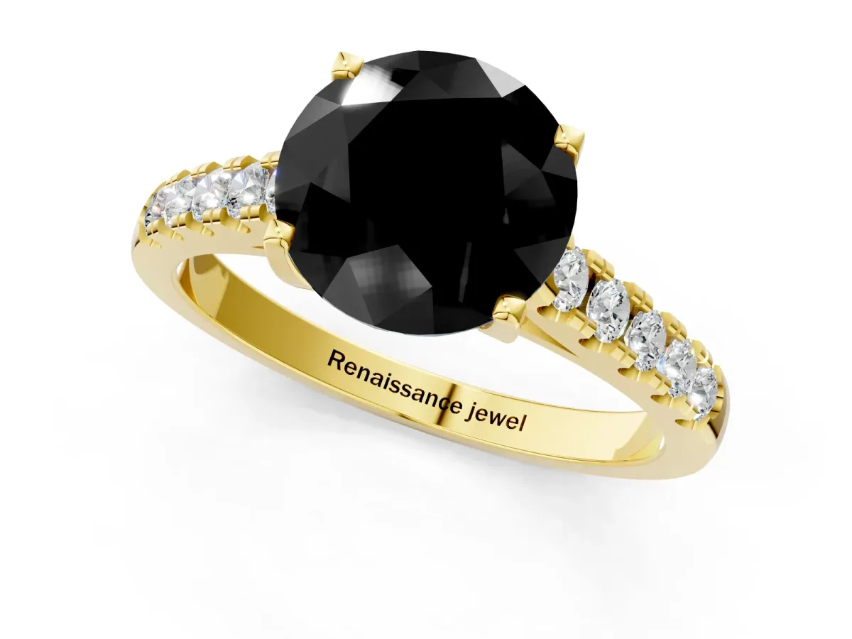 Fancy Black Round Cut Diamond Pavé Band Solitaire Ring with Prong Setting Yellow gold