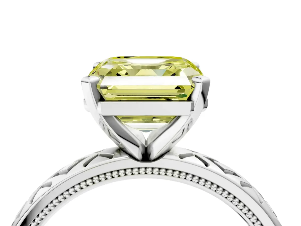 Fancy Yellow Asscher Cut Solitaire Diamond Ring with Milgrain and Black Enamel X Pattern Band Platinum