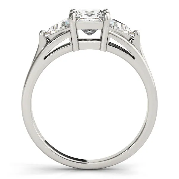 Three-Stone Princess Cut Cut Diamond Ring with Trillion Side Stones on a Split Shank Band Silver