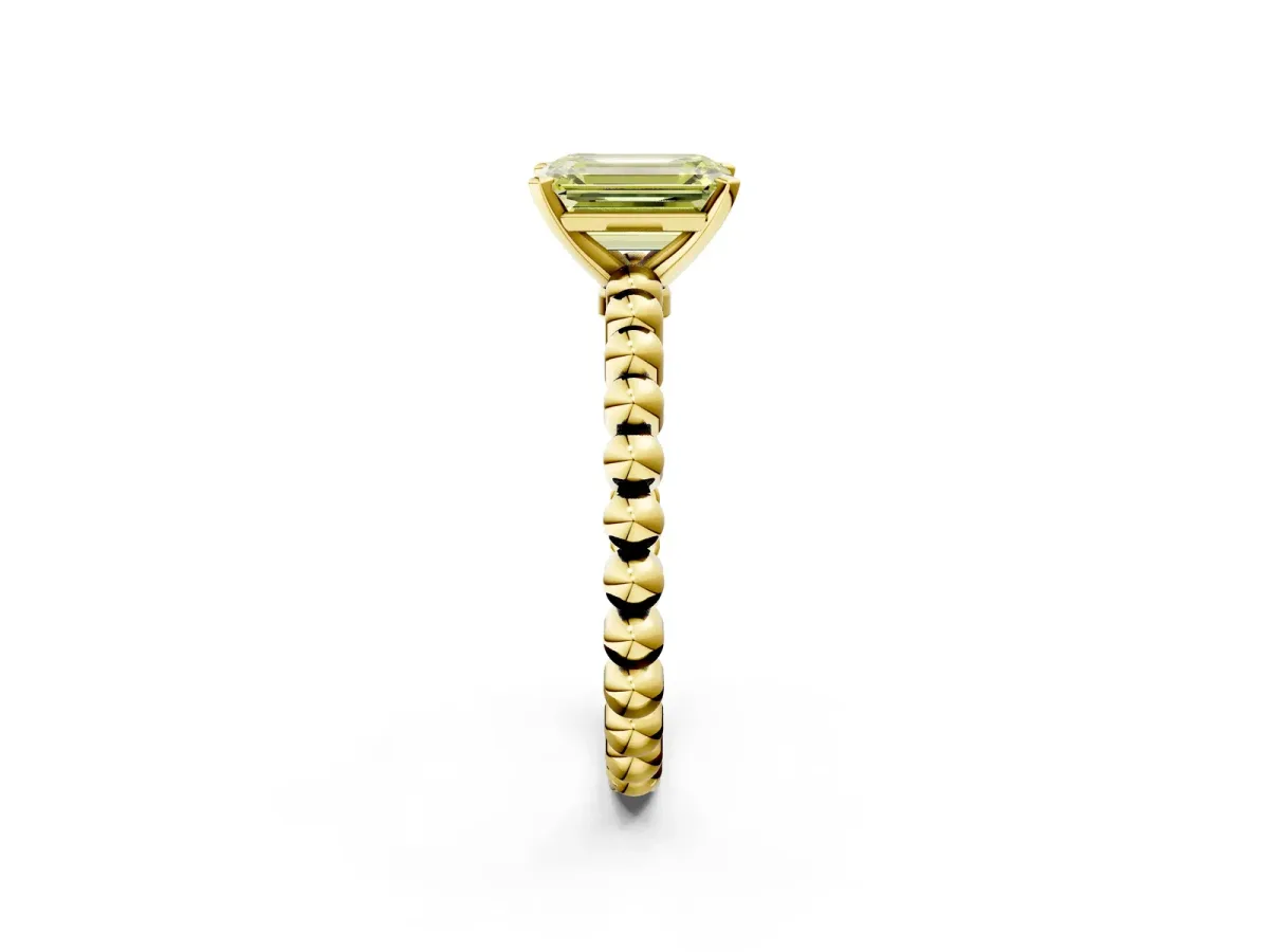 Fancy Yellow Emerald Cut Diamond Solitaire Ring with Beaded Band and Prong Setting Yellow gold