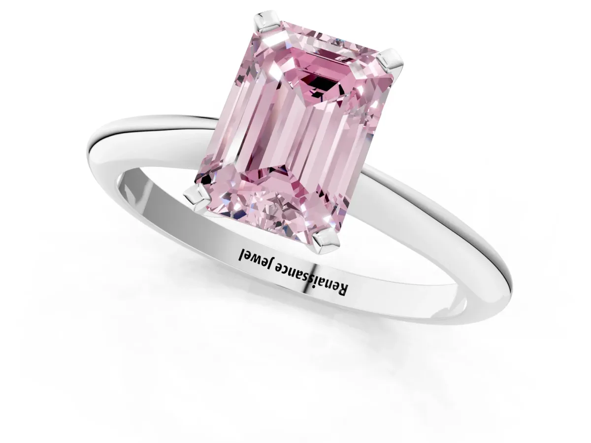 Fancy Pink Emerald Cut Diamond Solitaire Engagement Ring with Classic Band and Four-Prong Setting Silver