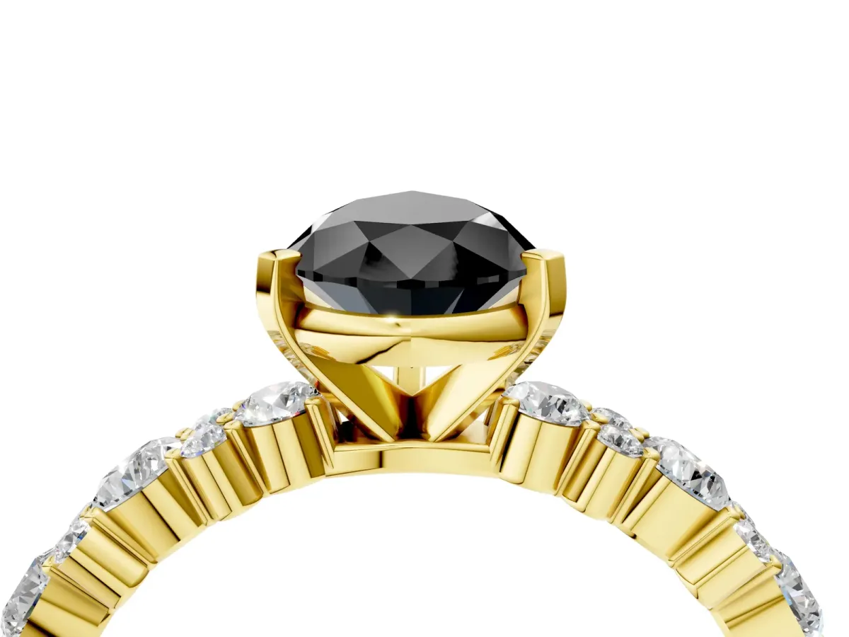 Fancy Black Pear Cut Diamond Side Stone Solitaire Ring with Round and Four-Prong Setting Yellow gold