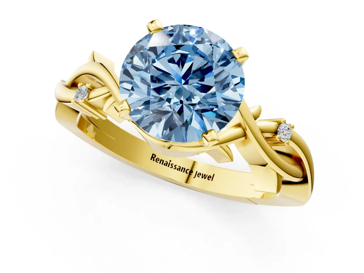 Fancy Blue Round Cut Diamond Solitaire Ring with Twisted Band and Prong Setting Yellow gold