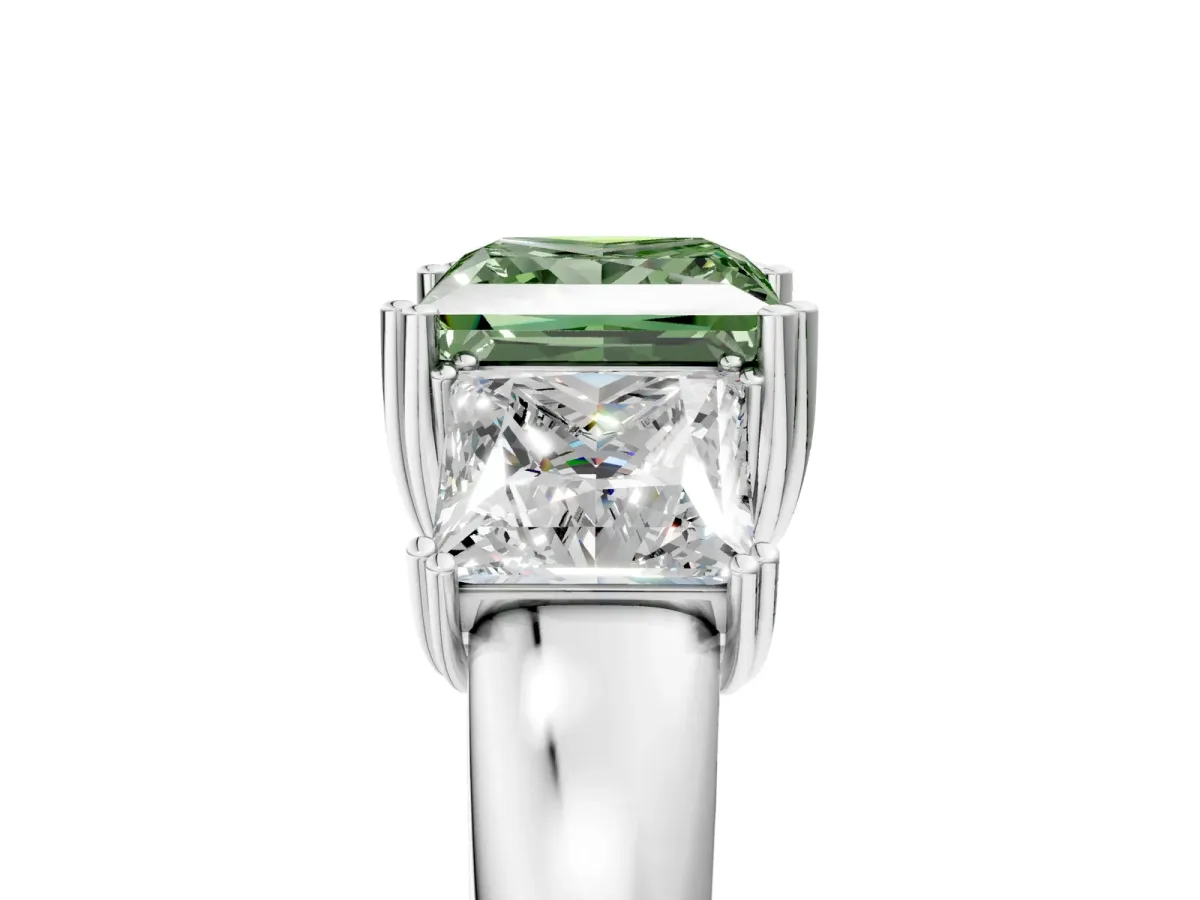 Fancy Green Three-Stone Princess Cut Cut Diamond Ring with Channel Set Band and Four-Prong Setting Silver