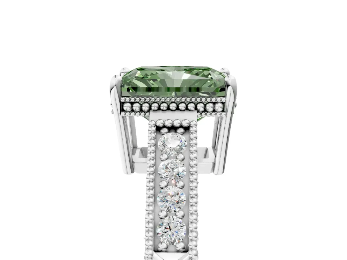 Fancy Green Radiant Cut Cut Diamond Milgrain Pave Band Four-Prong Setting Ring Platinum