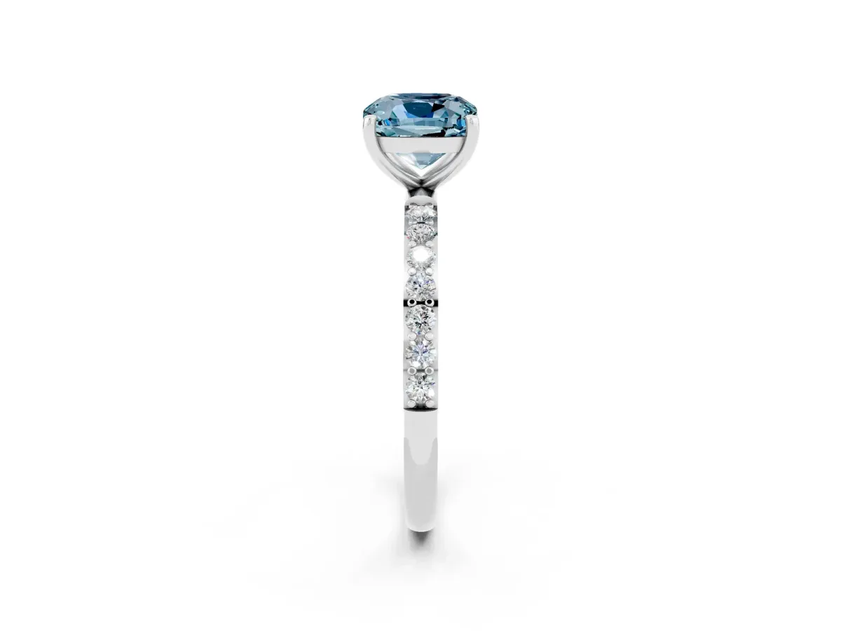 Cushion Cut Aquamarine Solitaire Ring with Round Pavé Band and Prong Setting Silver