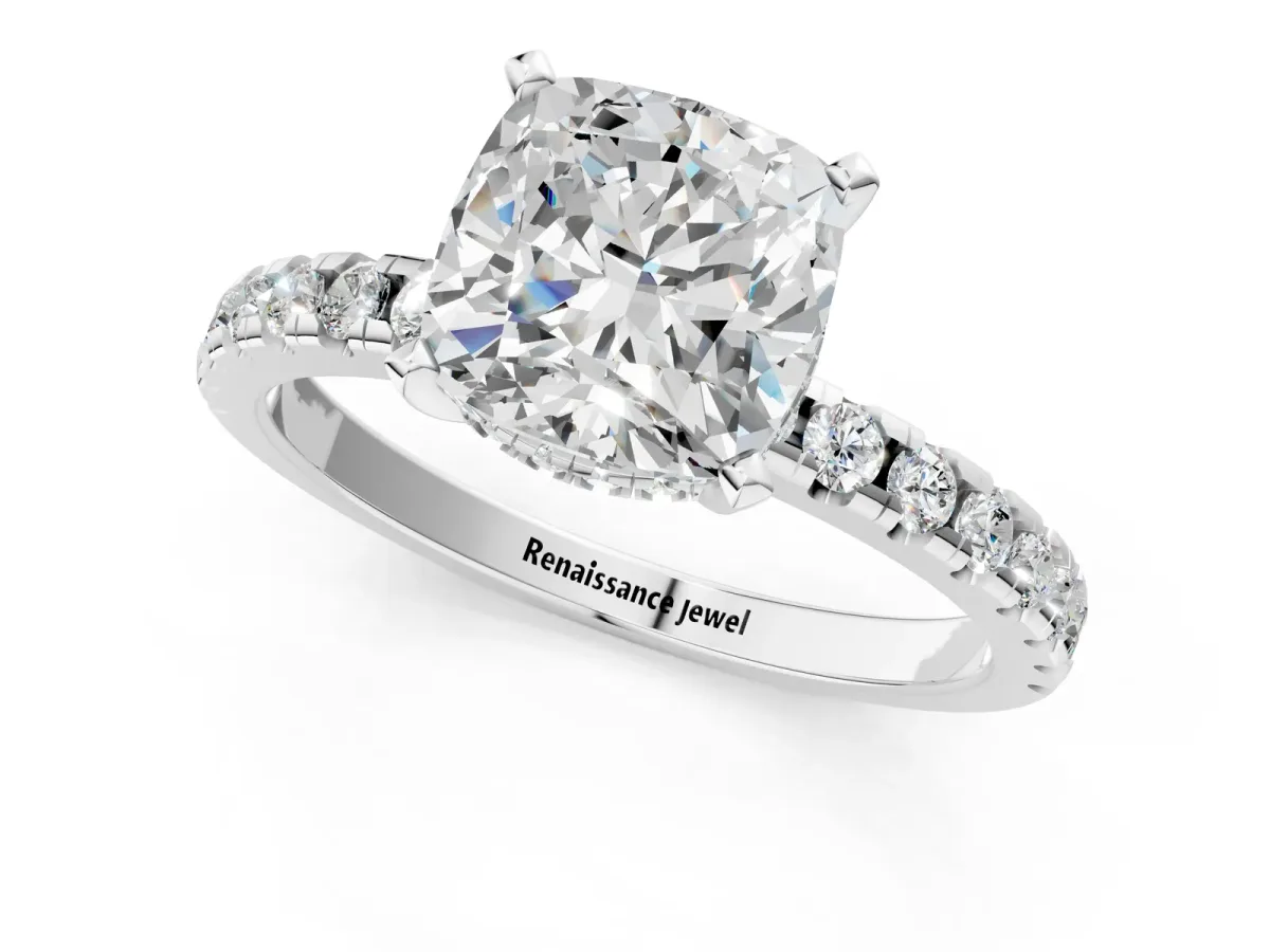 Cushion Cut Diamond Solitaire Ring with Round Pavé Band and Four-Prong Setting Silver