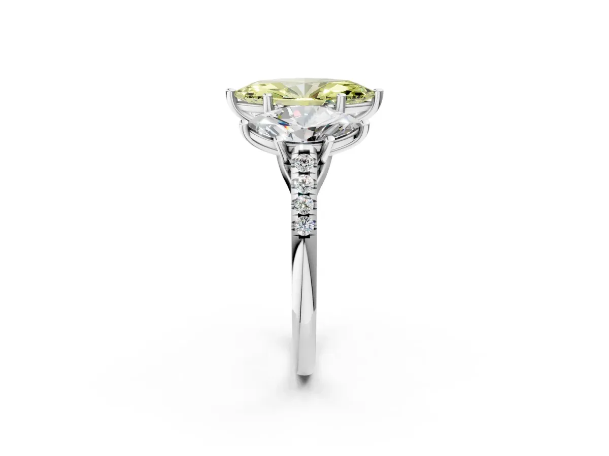 Fancy Yellow Three-Stone Marquise Cut Diamond Ring with Round Pavé Band and Prong Setting Silver