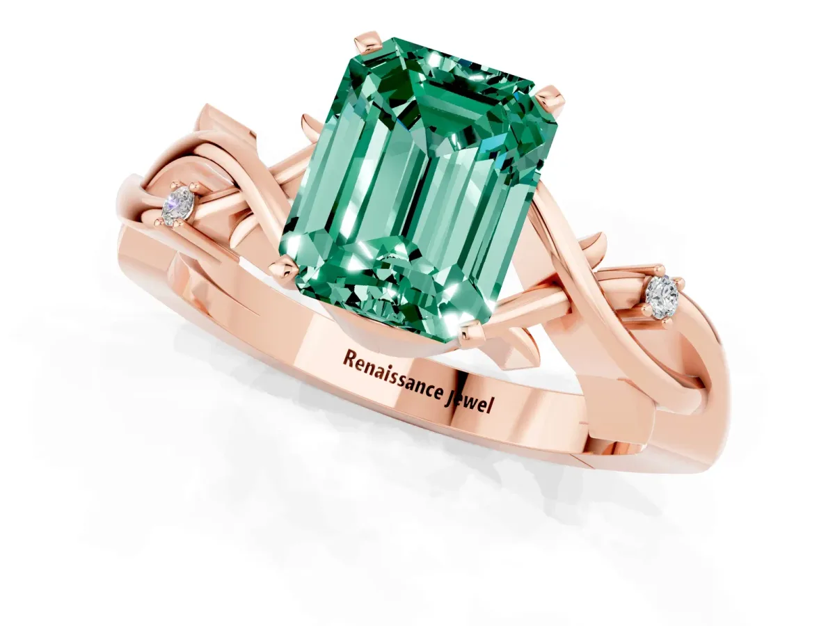 Emerald Cut Green Sapphire Solitaire Ring with Twisted Band and Prong Setting Rose gold