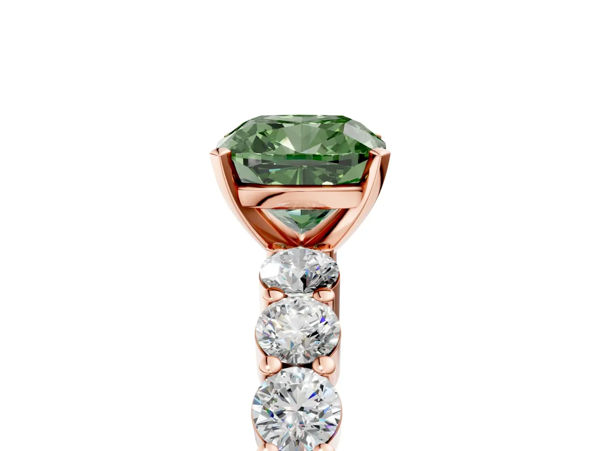 Fancy Green Cushion Cut Diamond Solitaire Ring with Shared Prong Round Side Stones Rose gold