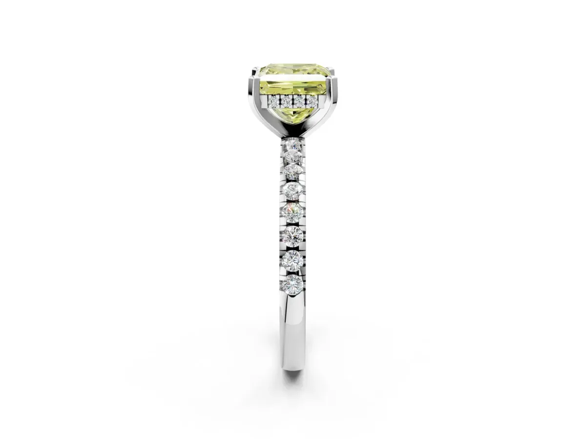 Fancy Yellow Princess Cut Diamond Solitaire Ring with Round Pavé Band and Four-Prong Setting Silver