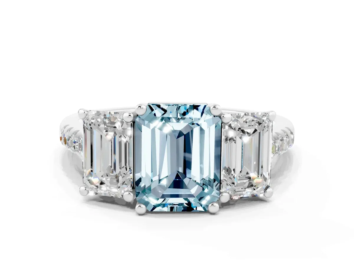 Three-Stone Emerald Cut Aquamarine Ring with Round Pavé Band and Prong Setting Silver