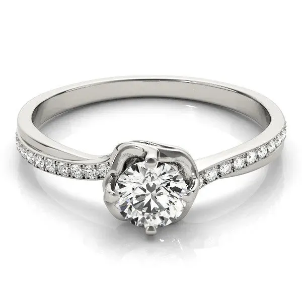 Round Cut Diamond Solitaire Ring with Pavé Band and Sculpted Prong Setting Silver