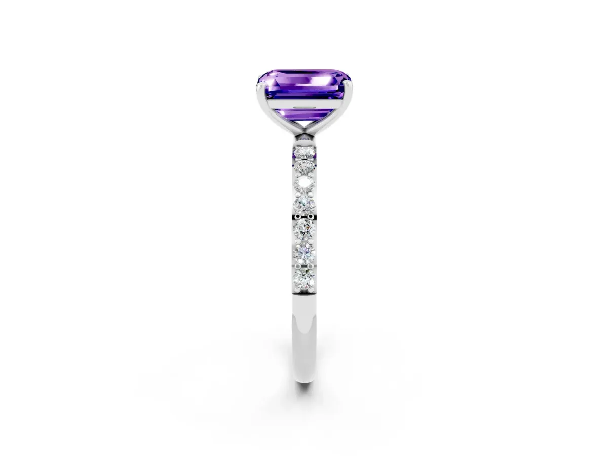 Emerald Cut Tanzanite Solitaire Ring with Round Pavé Shoulders and Prong Setting Silver