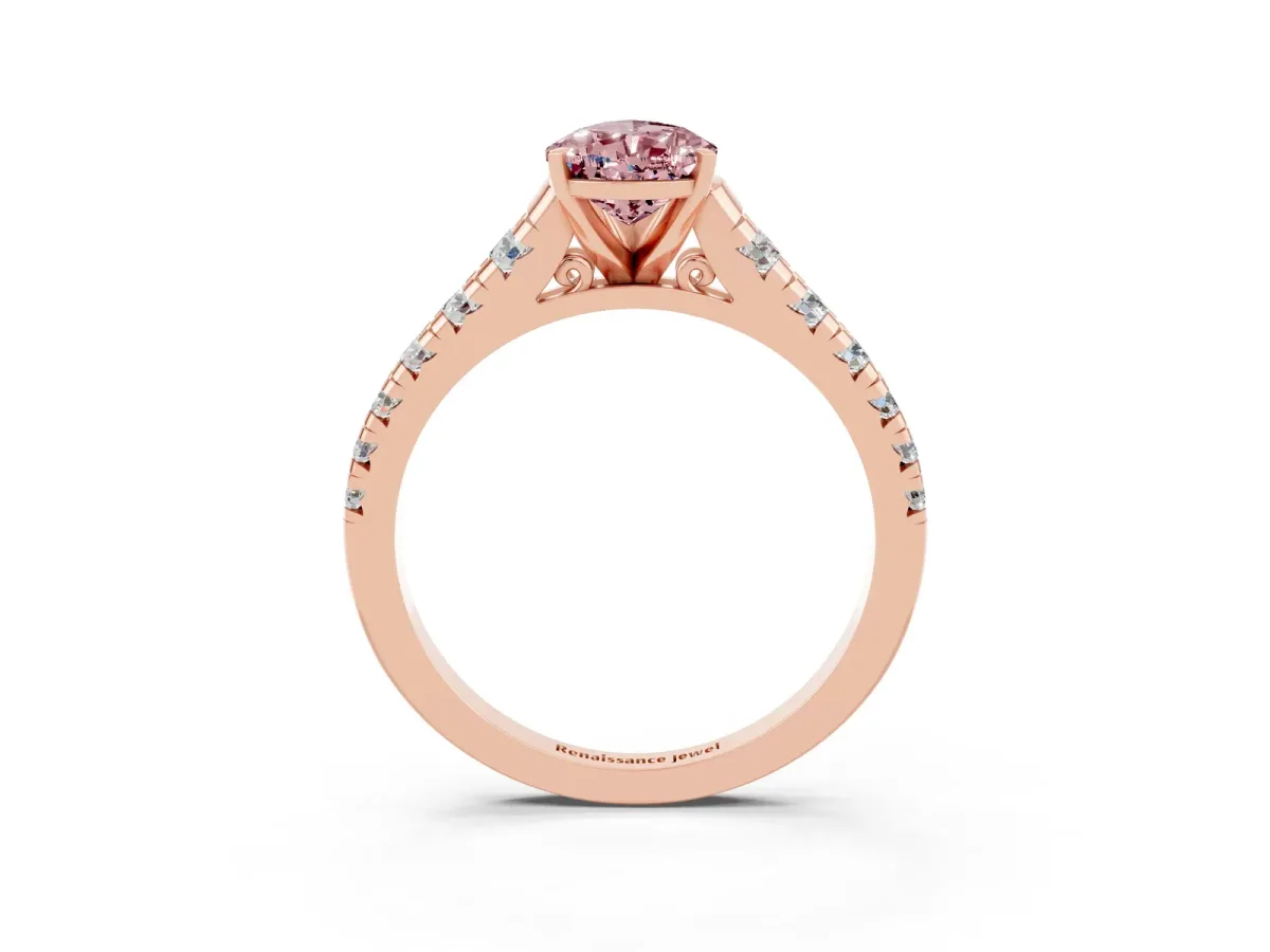Pear Cut Morganite Cathedral Solitaire Ring with Round Pavé Band Rose gold
