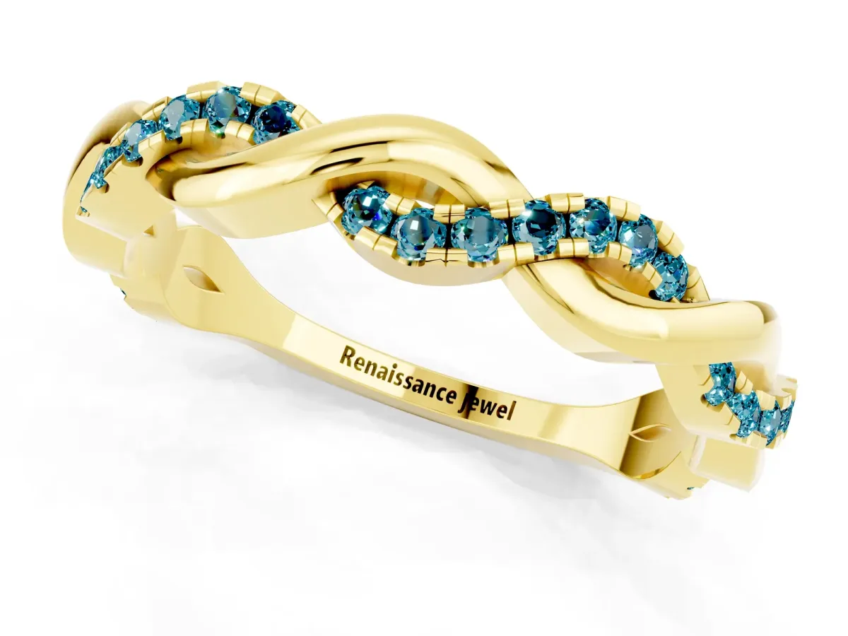 Round Blue Topaz Twist Eternity Band with Pavé Setting Yellow gold