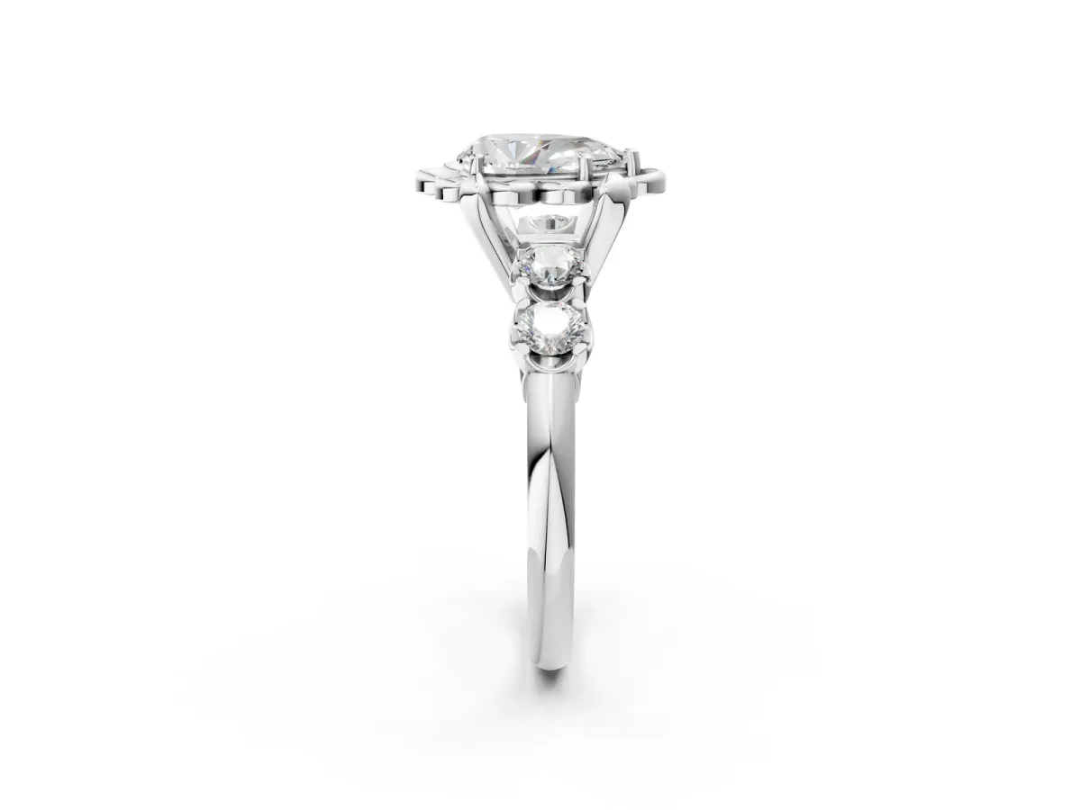 Pear Cut Cut Diamond Floral Halo Engagement Ring with Shared Prong Setting Silver