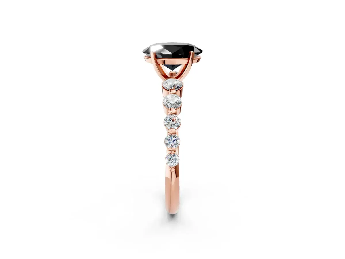 Fancy Black Oval Cut Solitaire Diamond Ring with Pave Band and Four-Prong Setting Rose gold