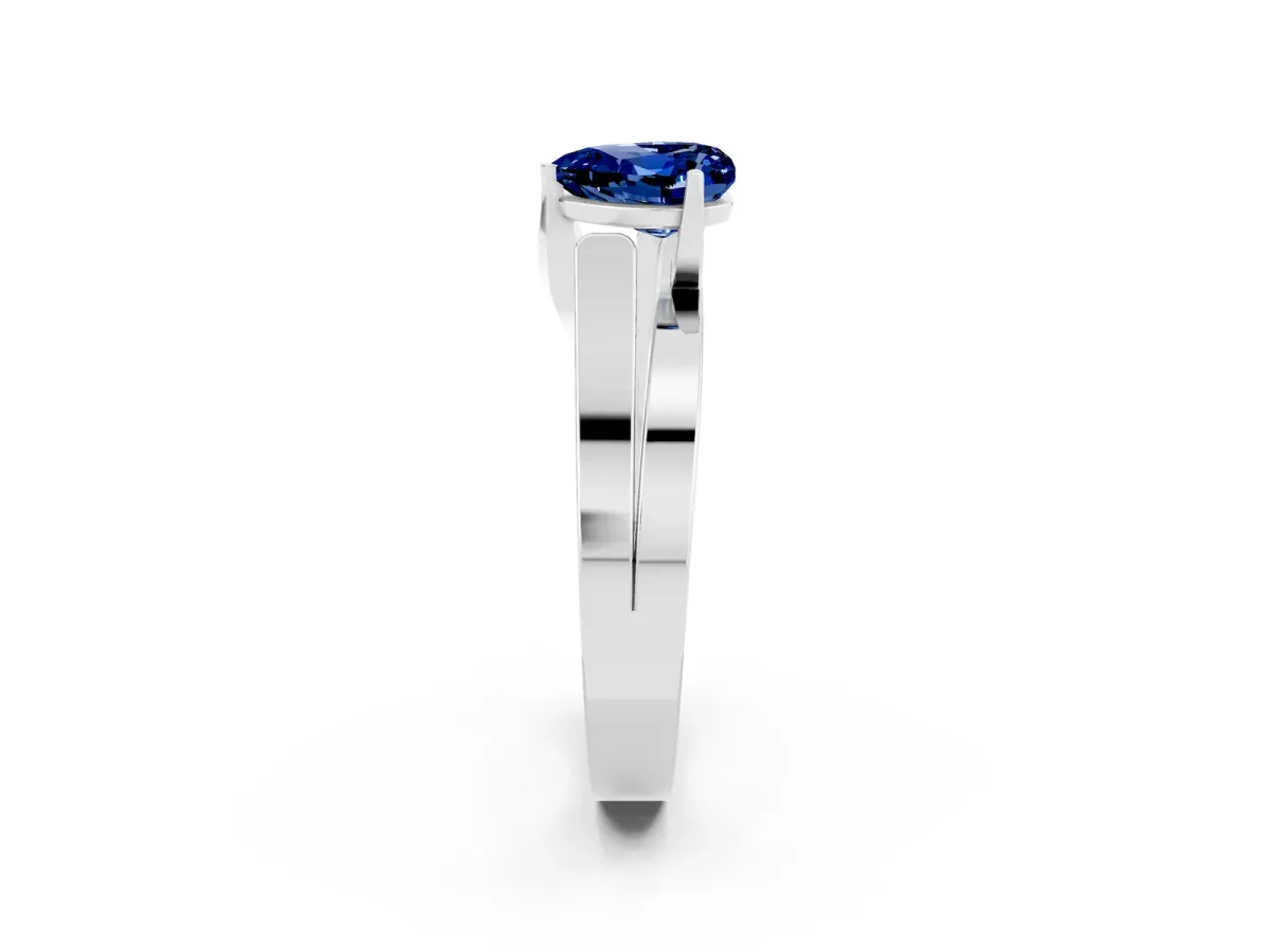 Modern Tension Set Heart Cut Blue Sapphire Solitaire Wide Band Ring Silver