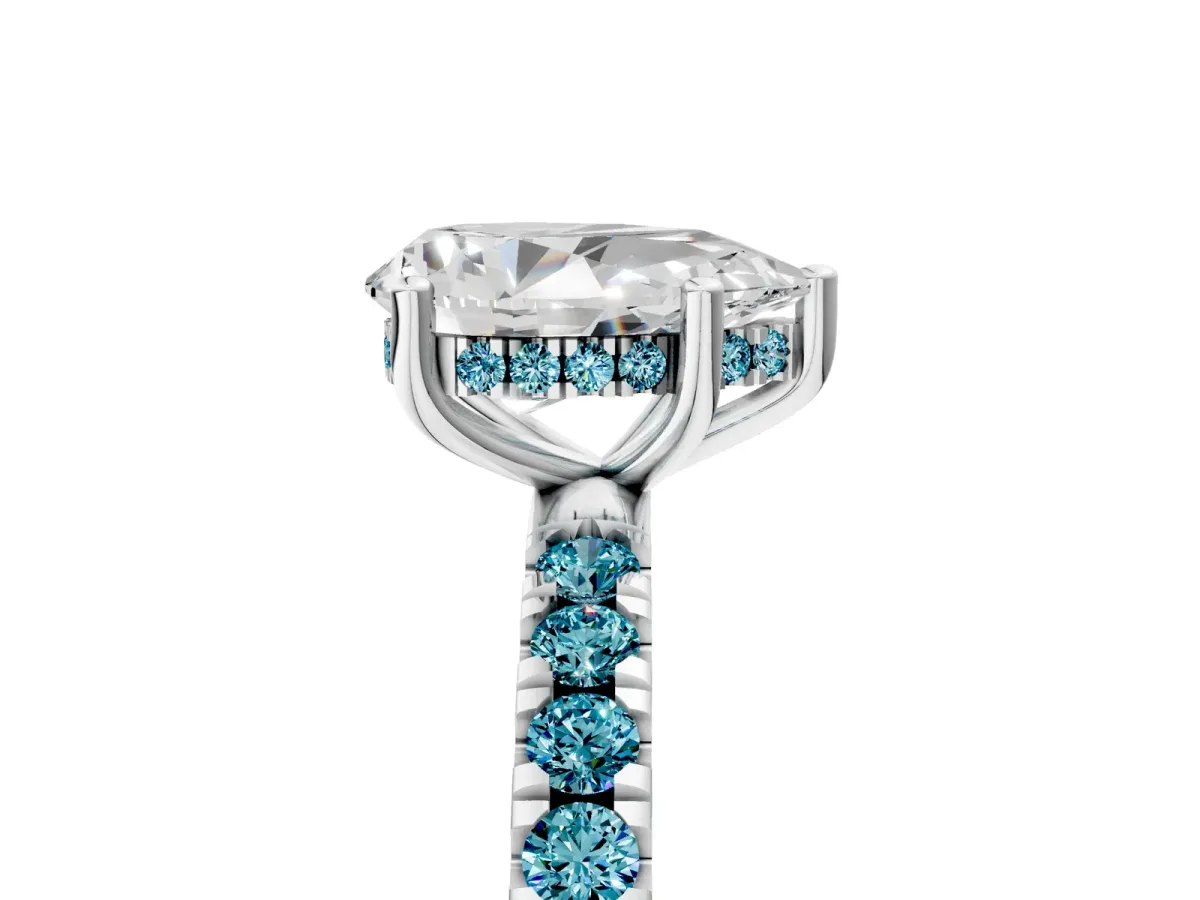 Pear Cut Diamond Pave Band Solitaire Ring with Round Blue Topaz and Prong Setting Silver