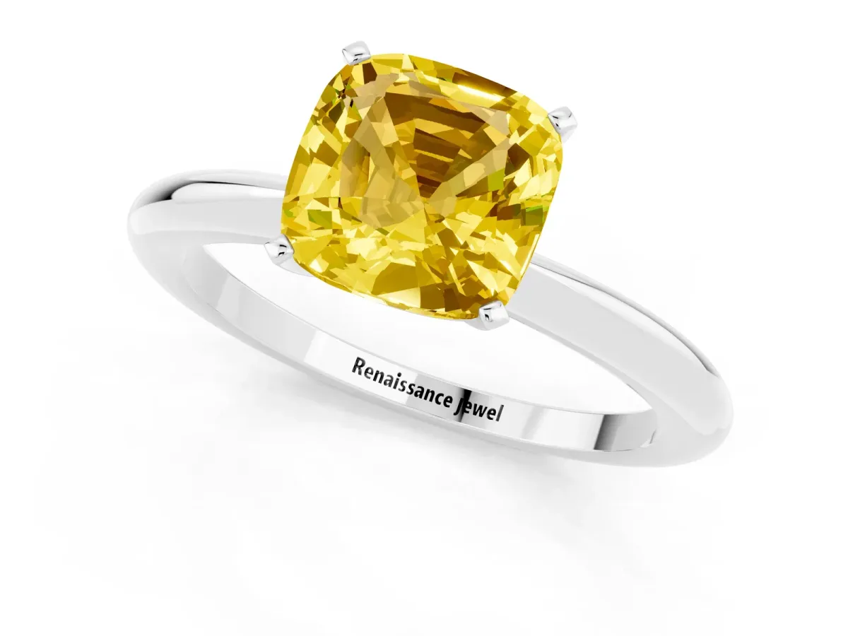Cushion Cut Yellow Sapphire Solitaire Ring with Six-Prong Setting and Classic Band Silver