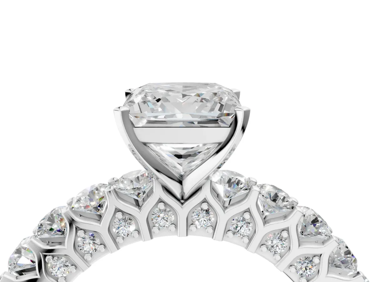 Princess Cut Diamond Solitaire Ring with Shared Prong Pavé Band and Four-Prong Setting White gold