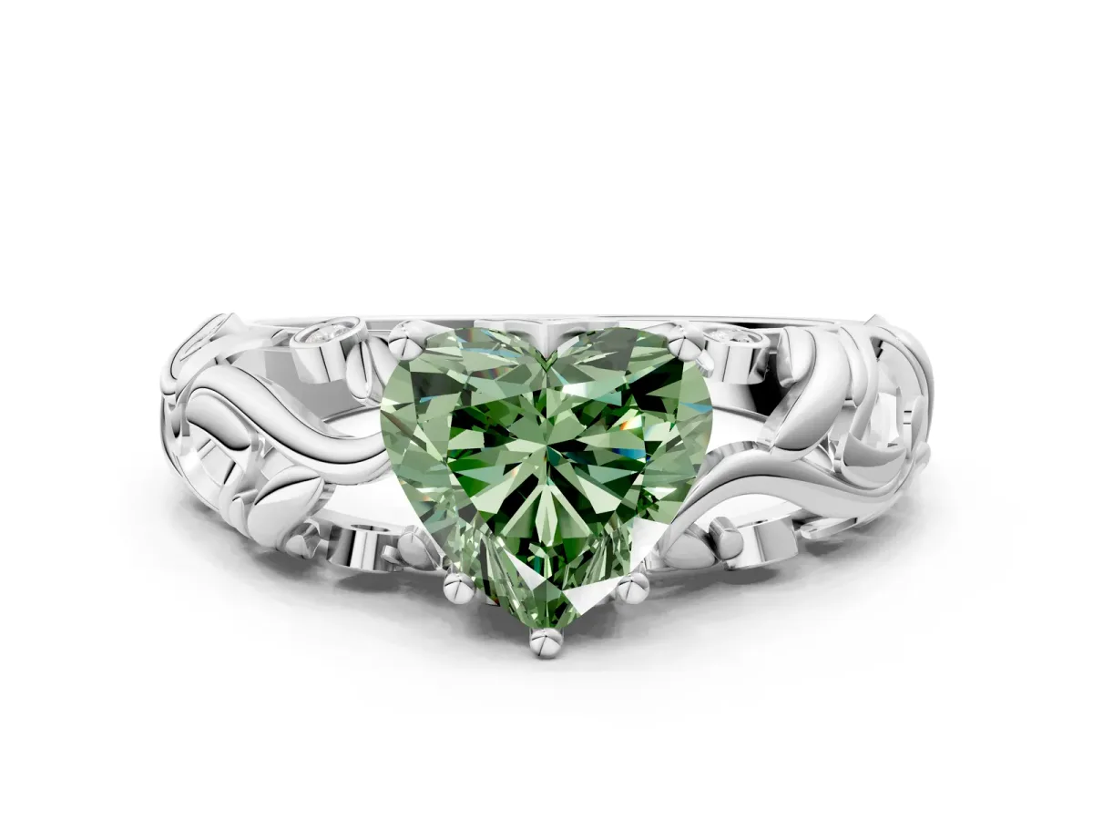 Fancy Green Heart Cut Solitaire Diamond Leaf-Inspired Vine Band Ring with Prong Setting Platinum
