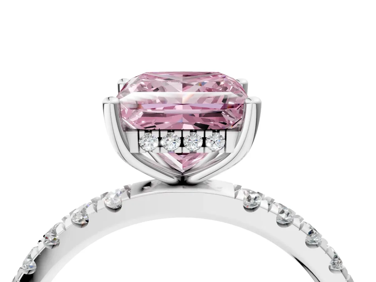 Fancy Pink Princess Cut Diamond Pave Band Solitaire Ring with Round and Prong Setting Silver