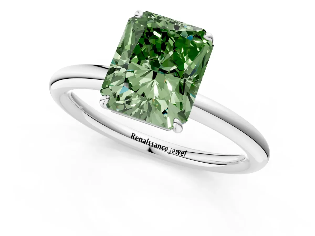 Fancy Green Radiant Cut Solitaire Diamond Ring with Four-Prong Setting on a Plain Band Platinum