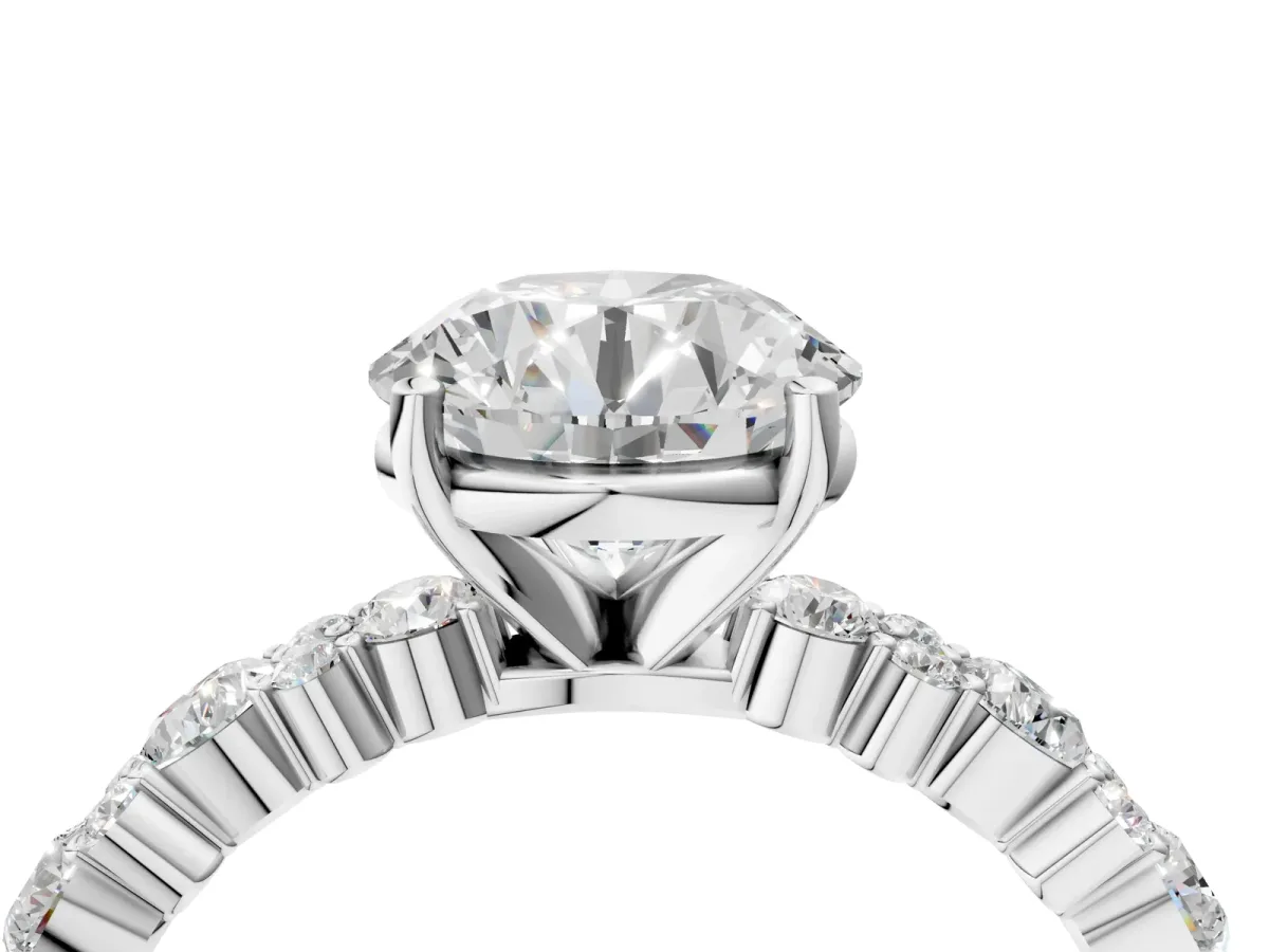Round Cut Diamond Side Stone Solitaire Ring with Round Moissanite and Four-Prong Setting White gold