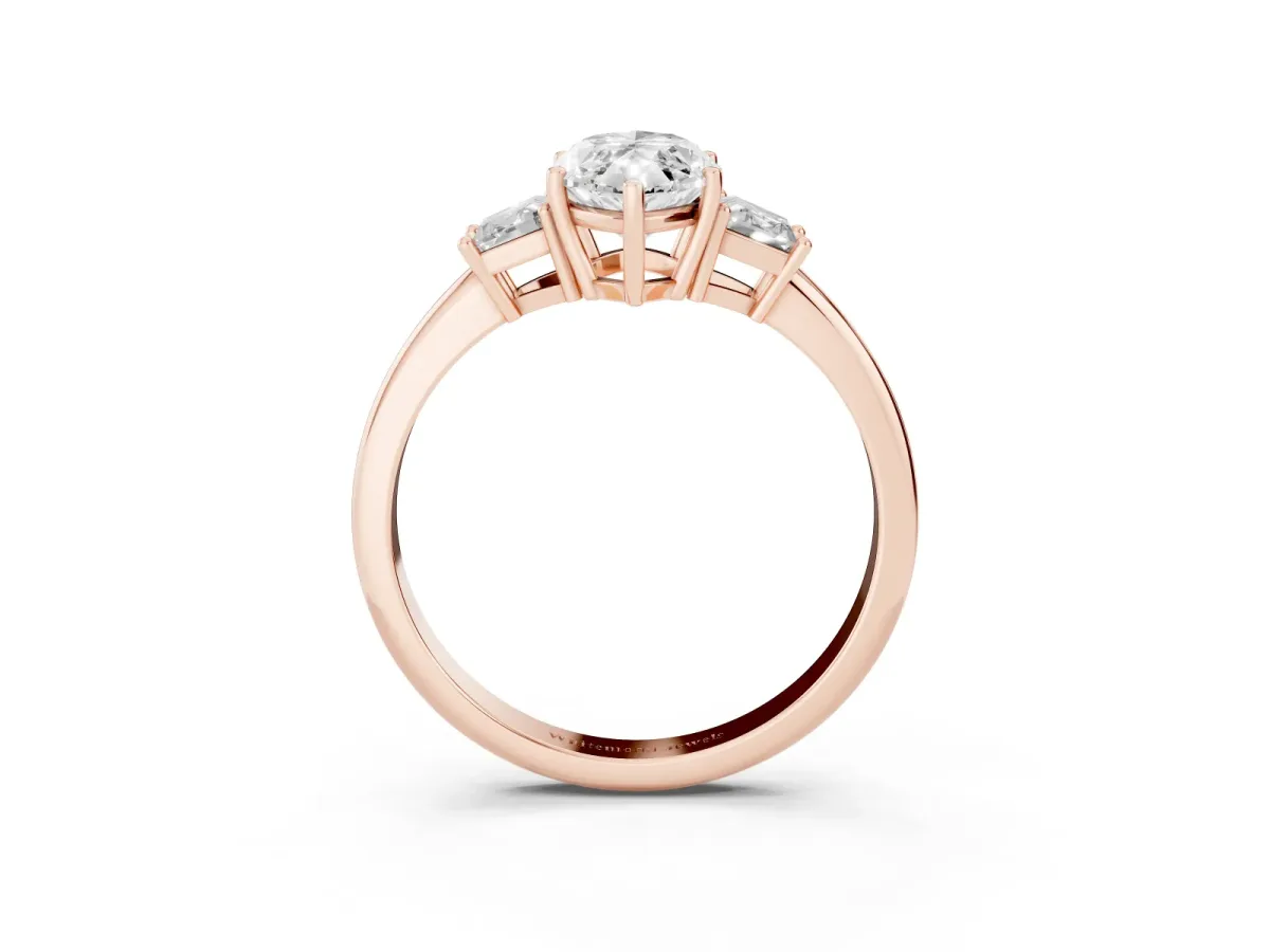Marquise Cut Diamond Three-Stone Ring with Trapezoid Side Stones and Prong Setting Rose gold