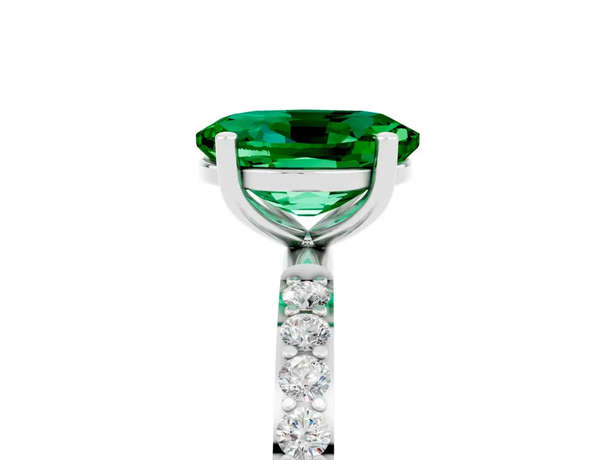 Oval Cut Emerald Solitaire Ring with Round Pavé Band and Prong Setting Platinum