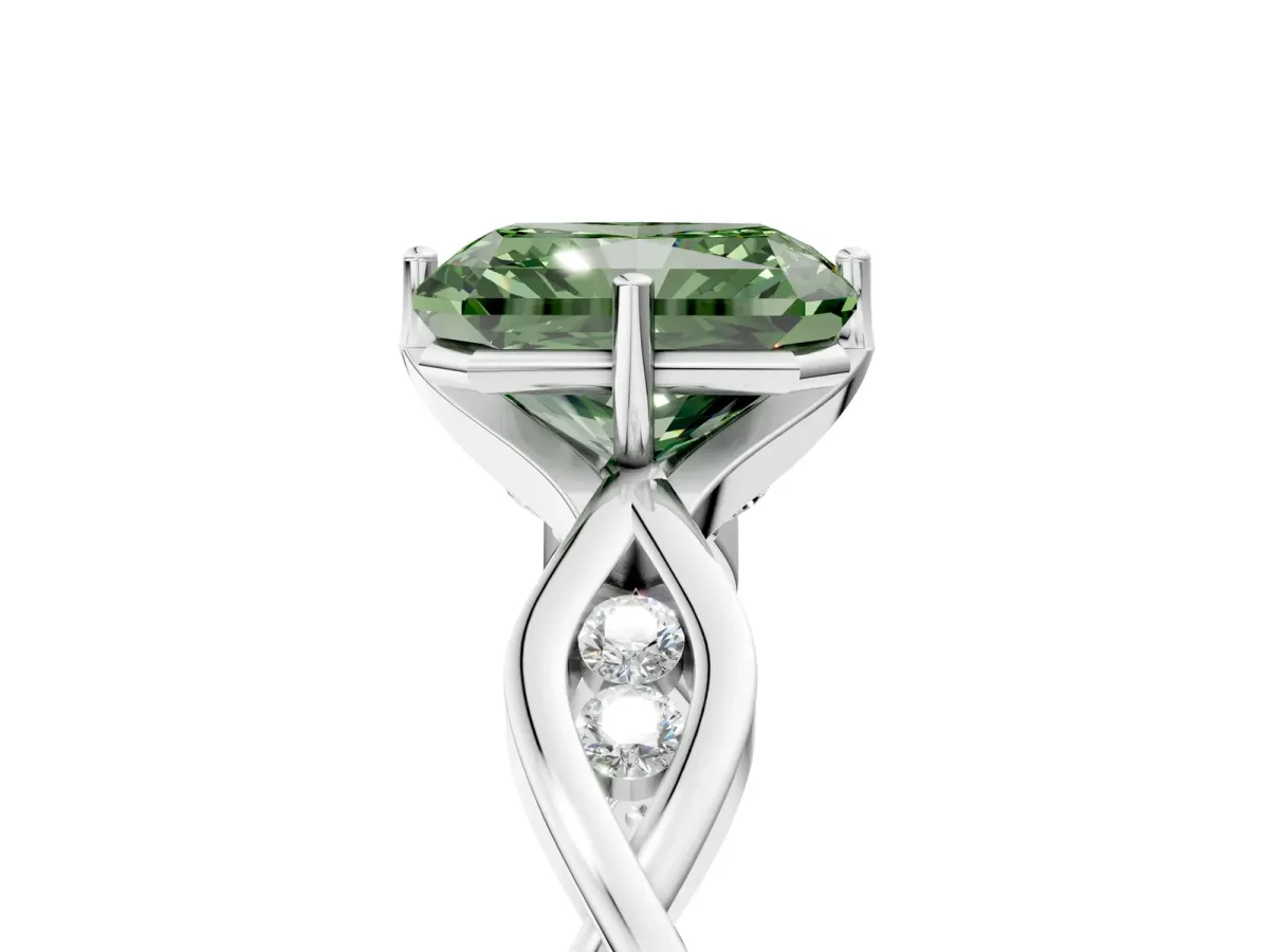 Fancy Green Radiant Cut Solitaire Twist Band with Leaf Prong Setting Platinum