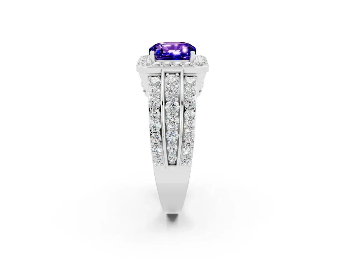 Cushion Cut Halo Tanzanite Ring with Round Split Shank and Prong Setting Silver