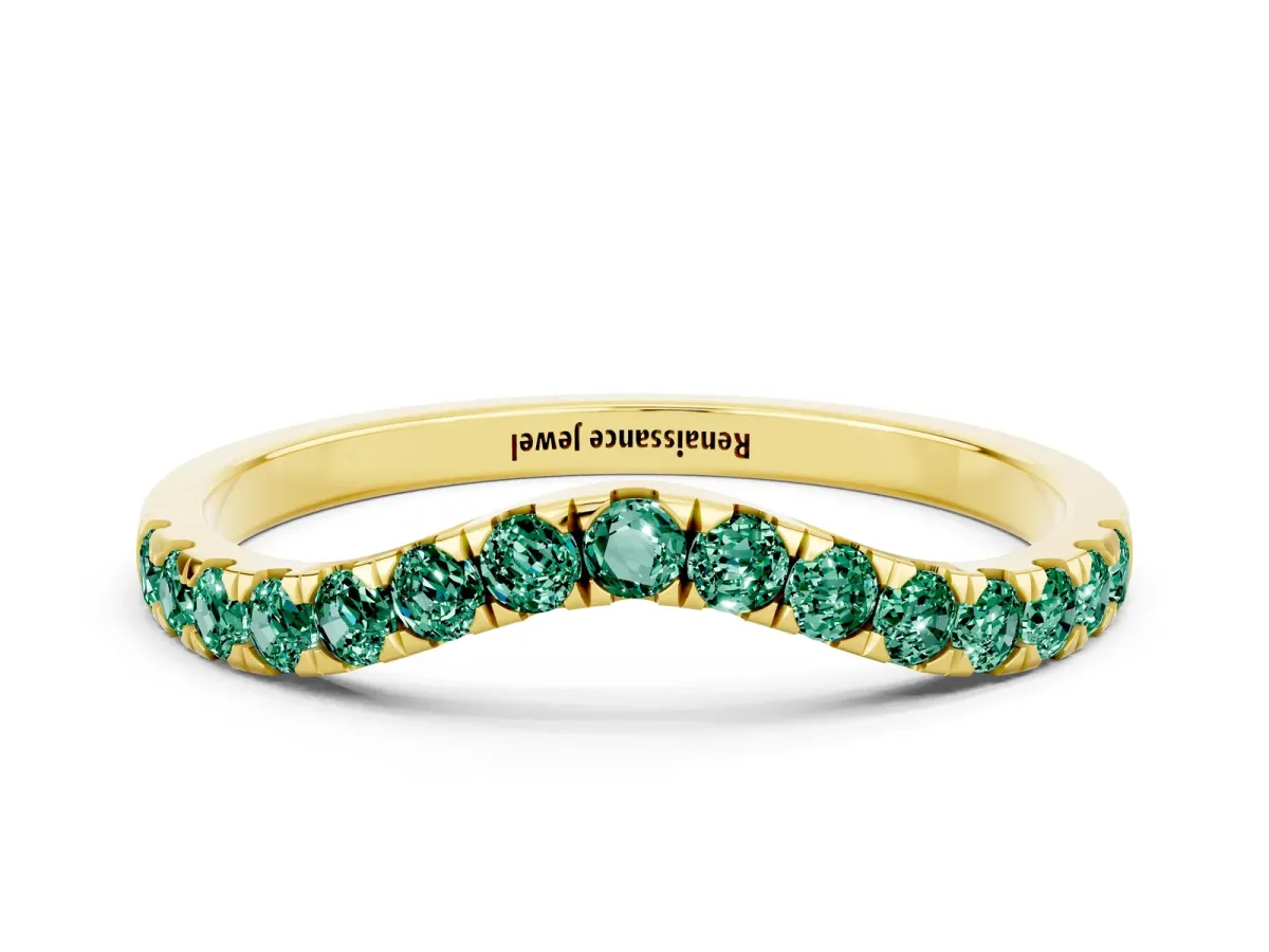 Curved Pavé Round Green Sapphire Wedding Band with Shared Prong Setting Yellow gold