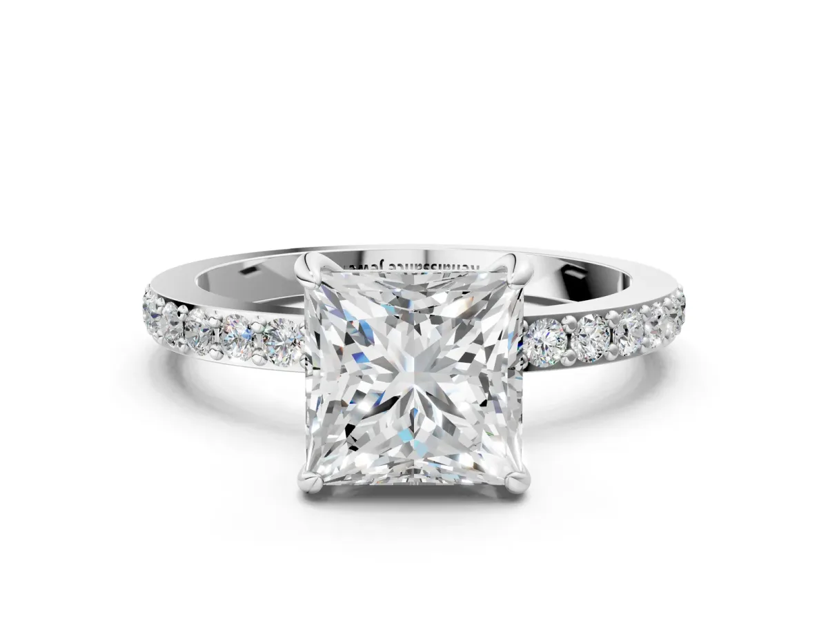 Princess Cut Diamond Solitaire Engagement Ring with Pavé Band and Four-Prong Setting Silver