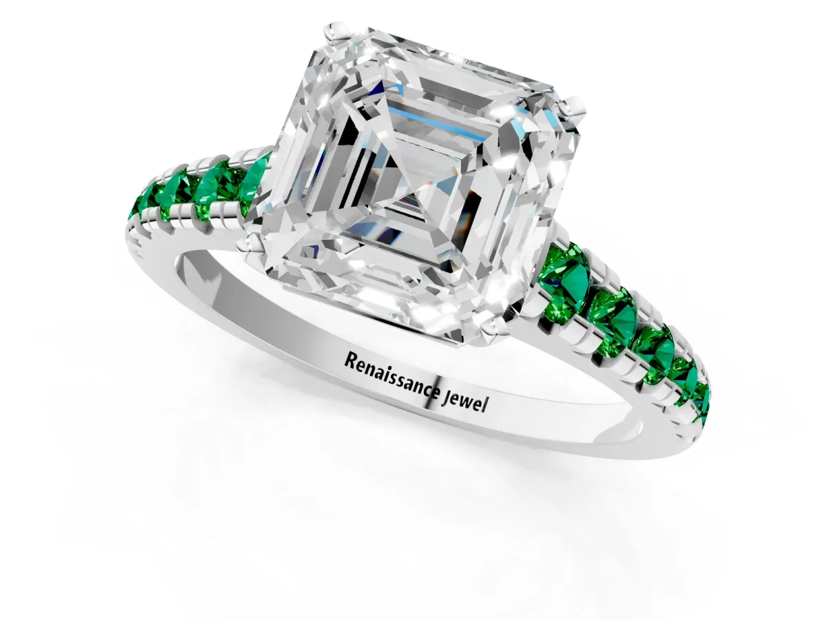 Asscher Cut Diamond Cathedral Solitaire Ring with Round Emerald Pavé Band Platinum