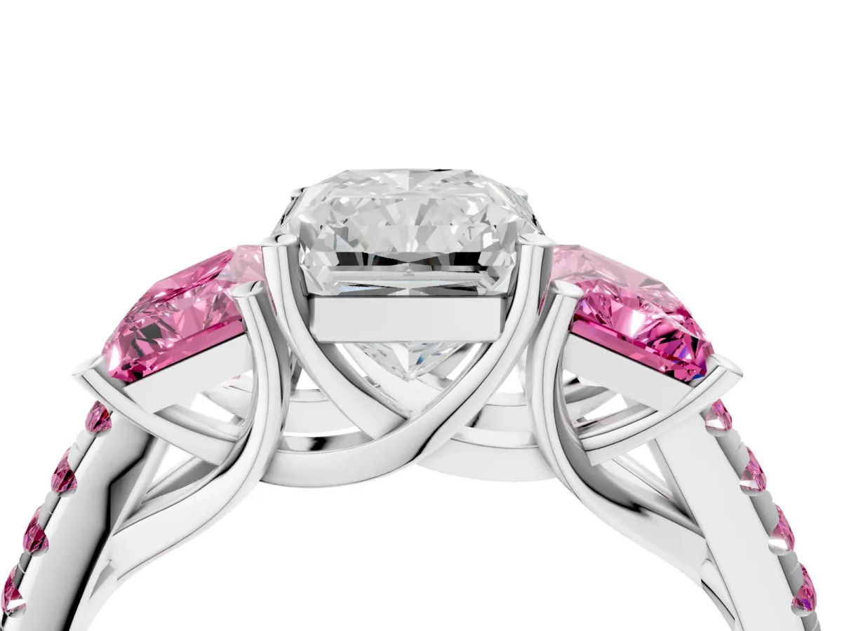 Three-Stone Radiant Cut Diamond Ring with Round Pink Sapphire Pavé Band and Prong Setting Silver