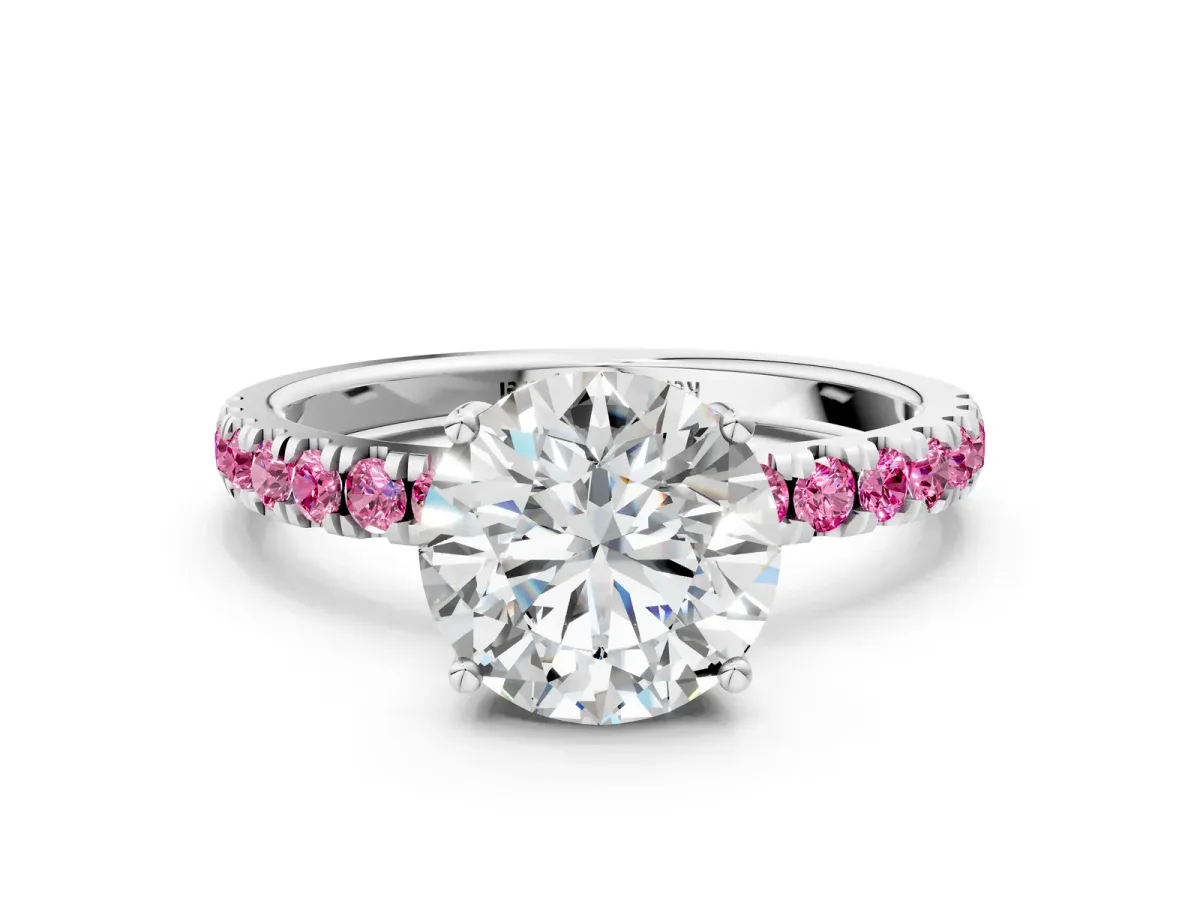 Round Cut Diamond Pave Band Solitaire Ring with Round Tanzanite and Prong Setting Platinum