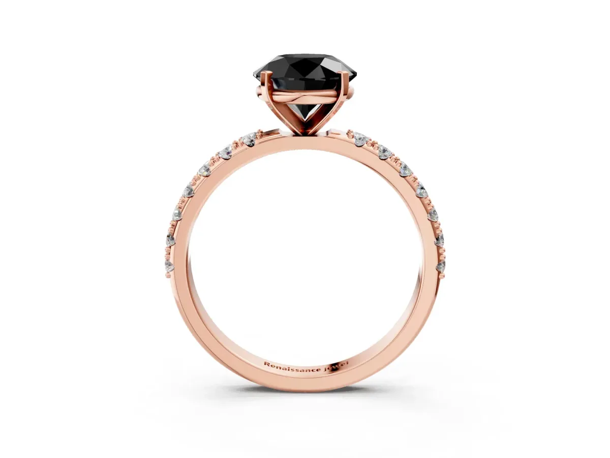 Fancy Black Round Cut Diamond Solitaire Pavé Band with Four-Prong Setting Rose gold