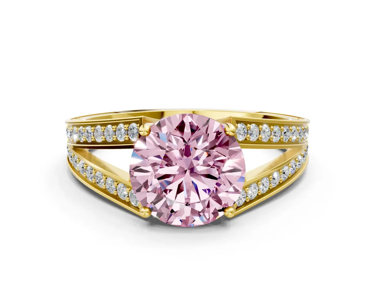 Fancy Pink Round Cut Diamond Split Shank Ring with Pavé Band and Four-Prong Setting Yellow gold