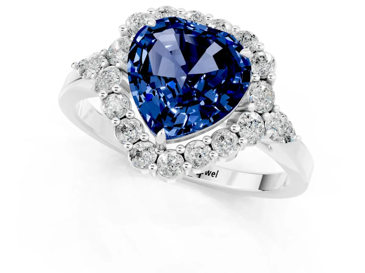 Heart Cut Blue Sapphire Halo Ring with Pear Side Stones and Prong Setting Silver