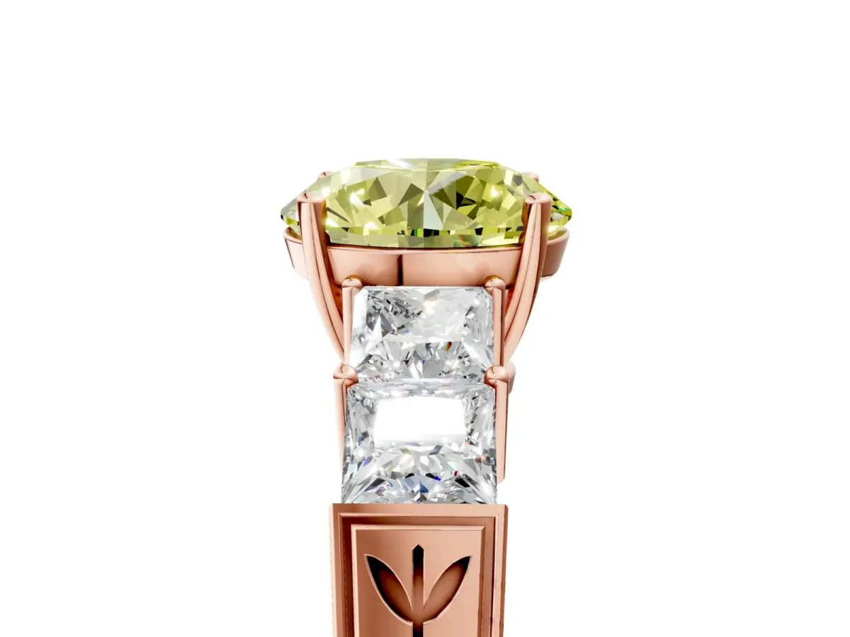 Fancy Yellow Round Cut Solitaire Princess Side Stone Engraved Band Prong Setting Ring Rose gold