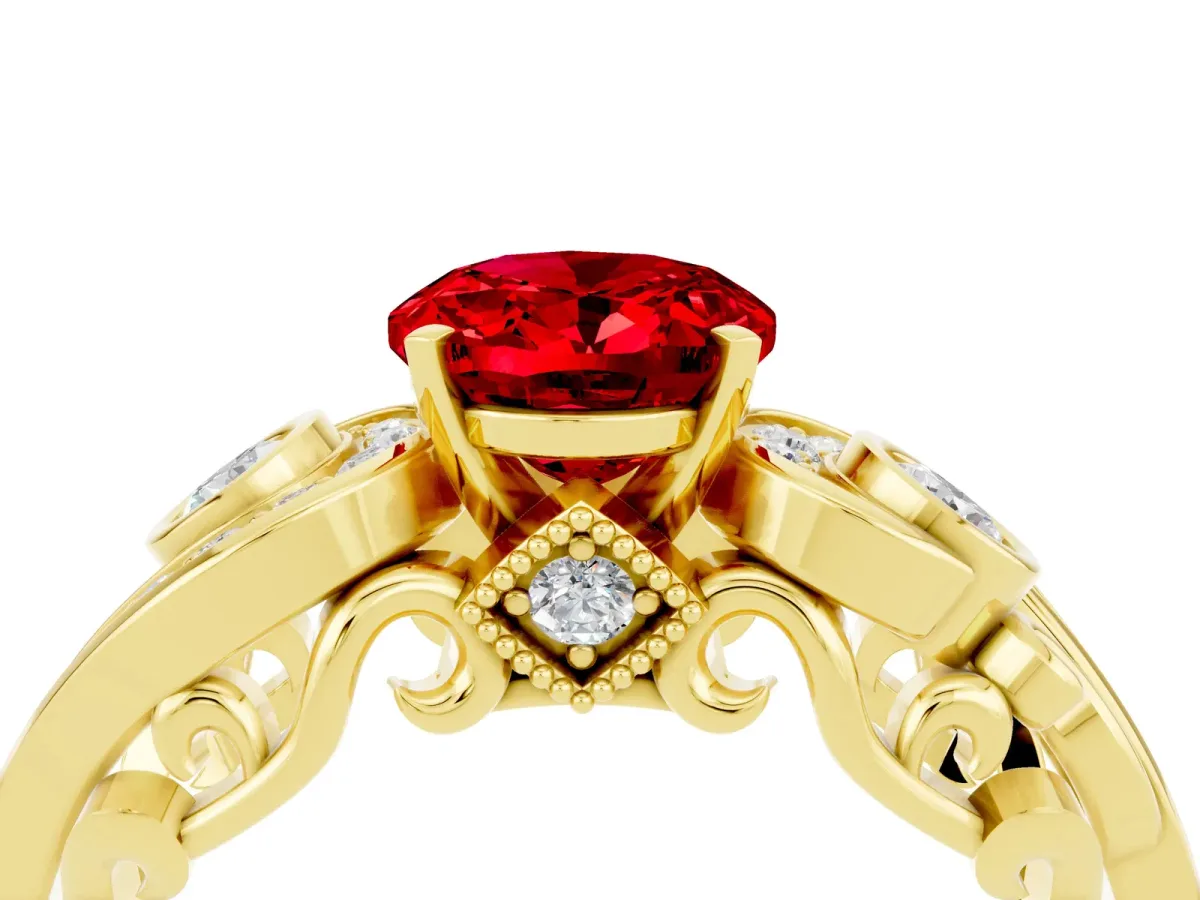 Oval Cut Ruby Solitaire Ring with Milgrain Pavé Band and Four-Prong Setting Yellow gold