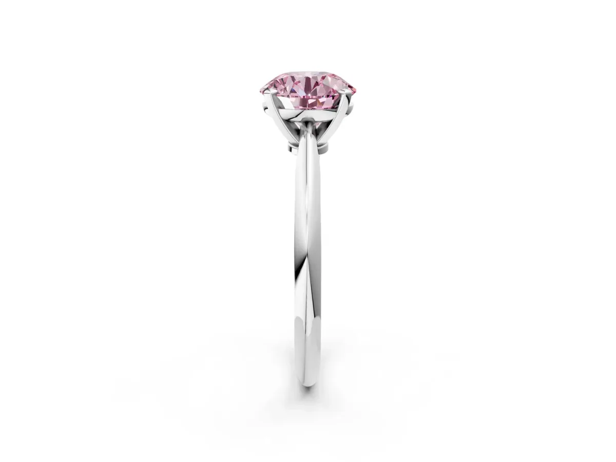 Fancy Pink Round Cut Diamond Solitaire Engagement Ring with Classic Band and Four-Prong Setting Silver