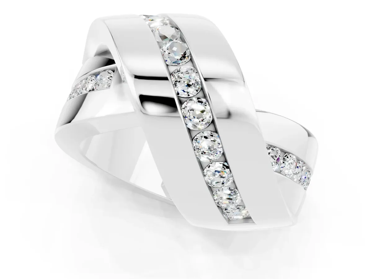 Pavé Round Moissanite Crossover Band with Channel Setting White gold