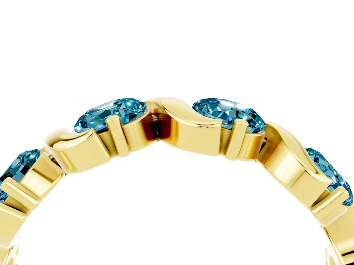 Round Blue Topaz Half Eternity Band with Wave Prong Setting Yellow gold