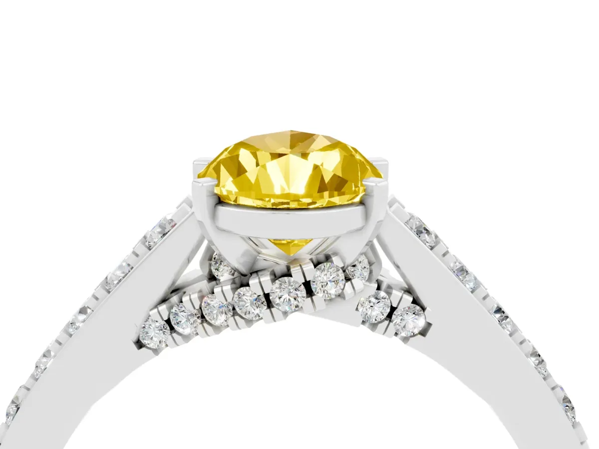 Pear Cut Yellow Sapphire Solitaire Ring with Crossover Gallery and Round Pavé Band Silver